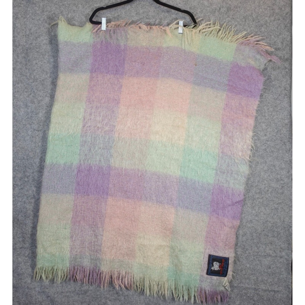 Mohair Throw Blanket Plaid Fuzzy Purple Green Woolmark Tag CHEVRE by ROBIN 68/44